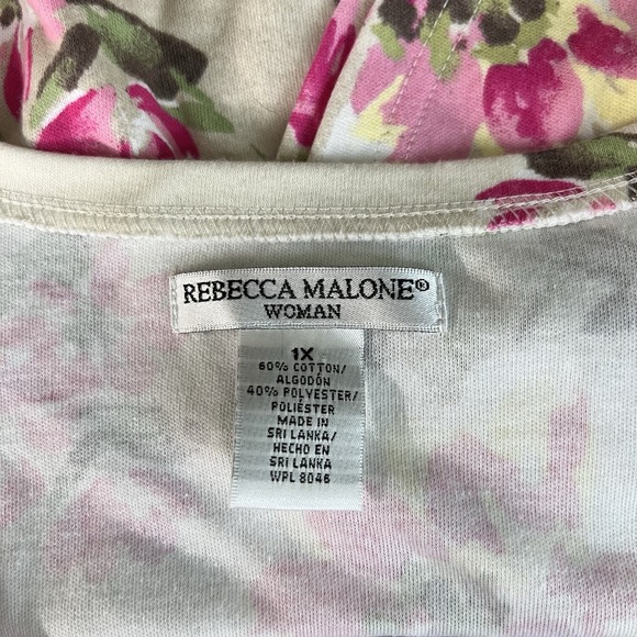 Rebecca Malone Woman 1X‎ Floral V-Neck T-Shirt Pink Green Beige Cotton Blend EUC - Picture 4 of 5